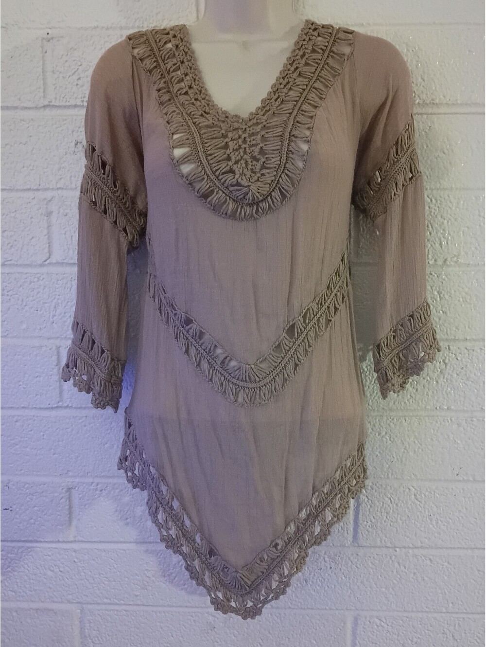 Women's BohoTaupe Crochet Trim V-Neck Blouse S/M